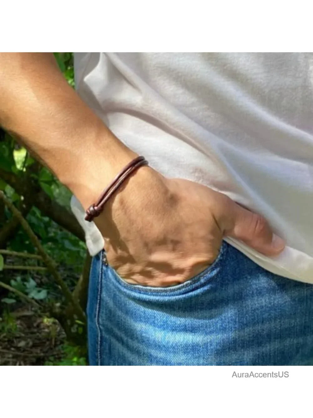 Men's Genuine Leather Bracelet, Handmade Adjustable Sliding Knot Cuff,